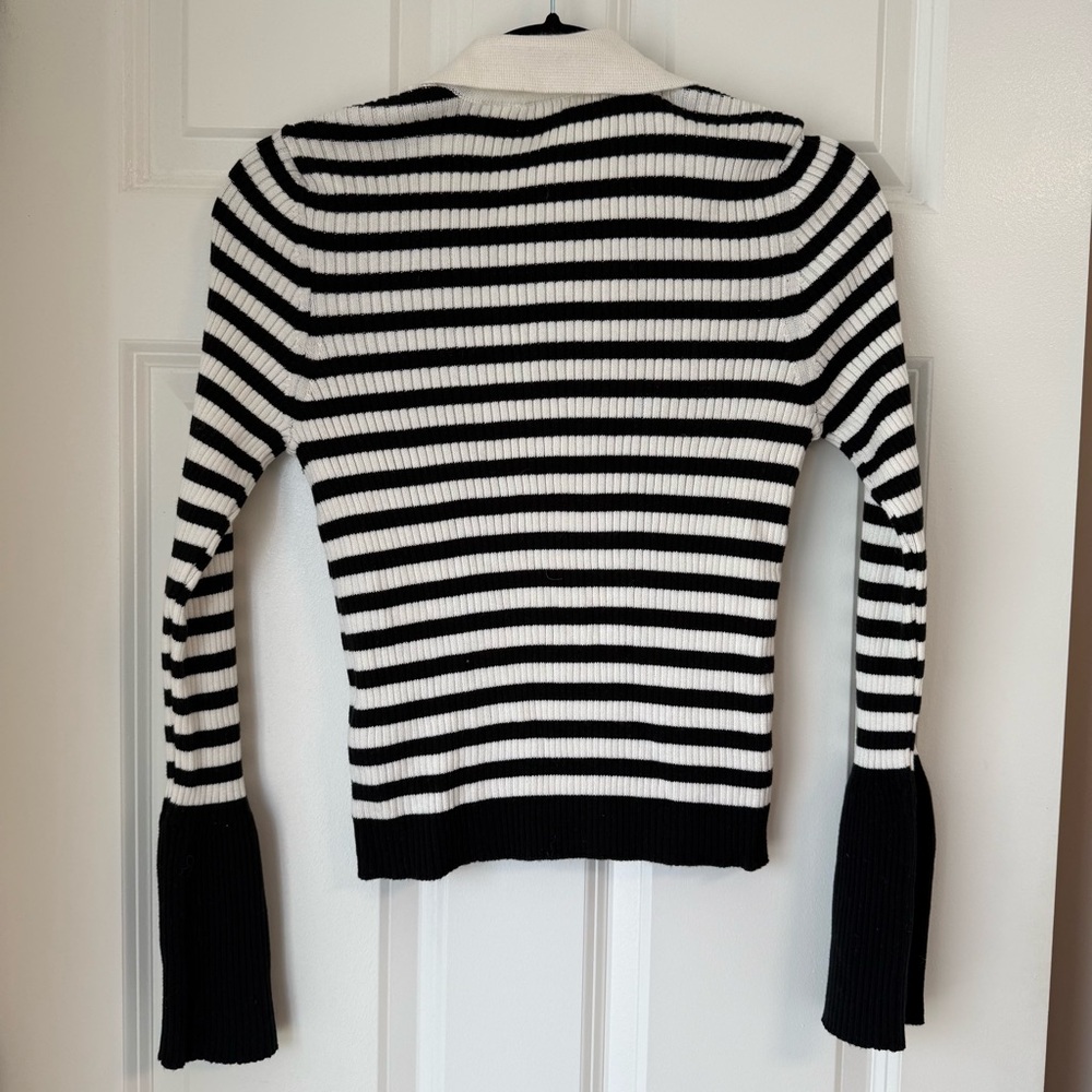 Anthropologie Maeve Bell Sleeve Ribbed Knit Polo Sweater Sz S Black V Neck Prep - Picture 3 of 13